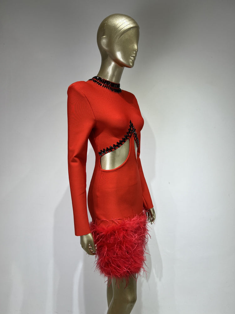 “Scarlet Temptation” Feathered Rhinestone Dress