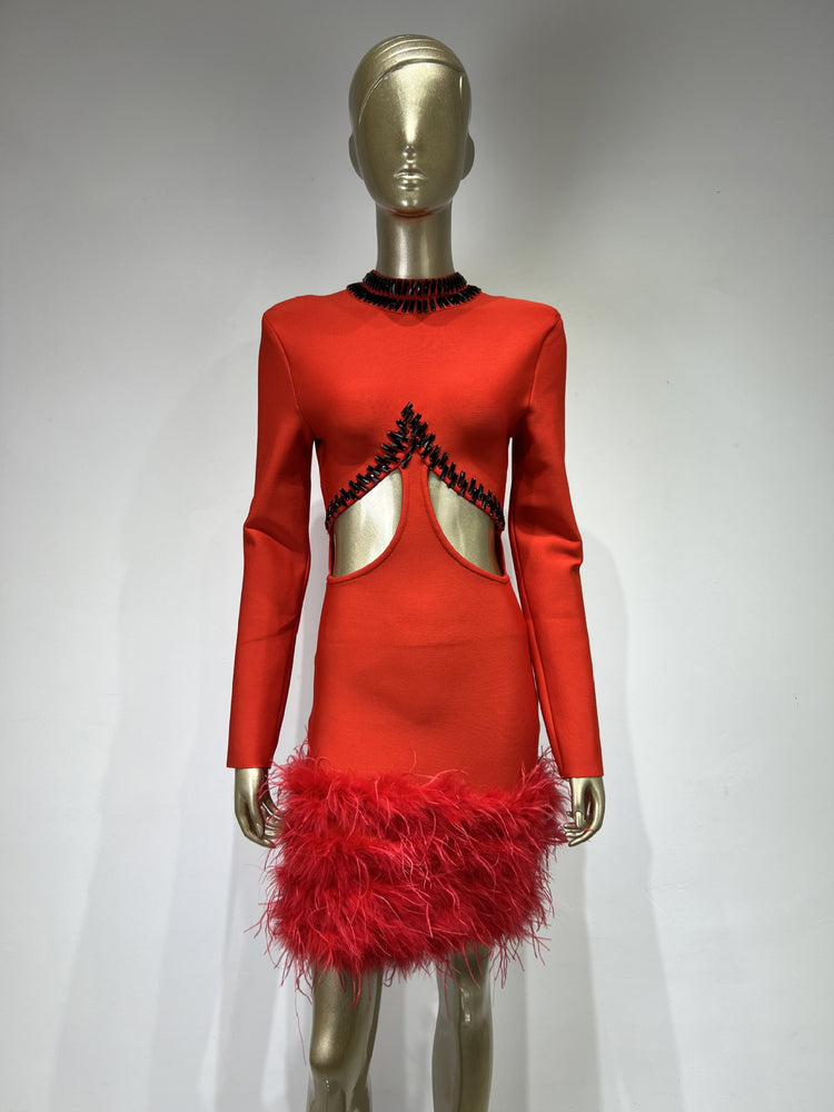 “Scarlet Temptation” Feathered Rhinestone Dress